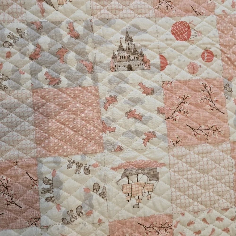Precious Hand Made Baby Quilt Satin Edge Castles Sailboats Hotair Balloons